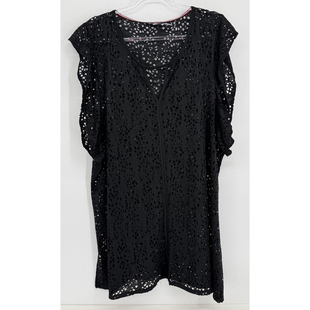 Tommy Hilfiger Womens Black Eyelet Swim Cover Up Kaftan V-Neck Sz L/XL
